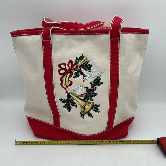 Lands End Christmas embroidered 2 Turtle Doves LARGE Canvas Tote Bag Zip Closei’ - Picture 15 of 15